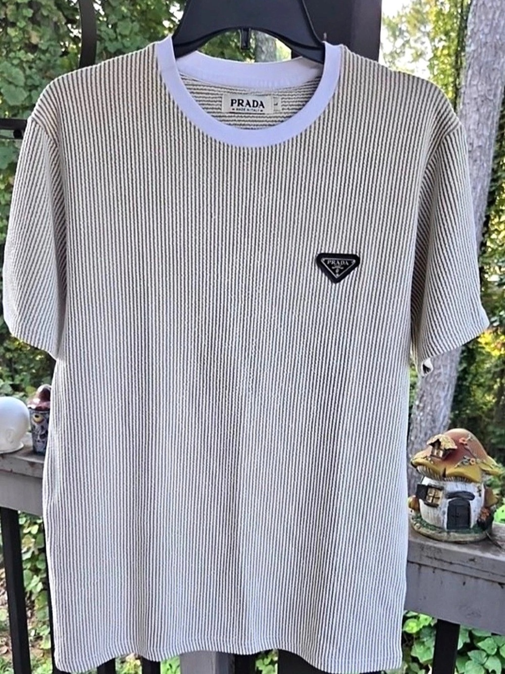 Prada Men's Gray & White Ribbed Striped Short Sleeve Tee